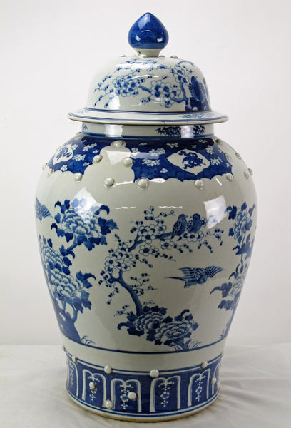 Large 27 Inch Tall Blue and White Porcelain Ginger Jar With Flowers & Flying Birds - Dyag East