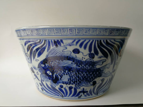 Large Blue and White Oriental Fish Bowl Planter - Dyag East