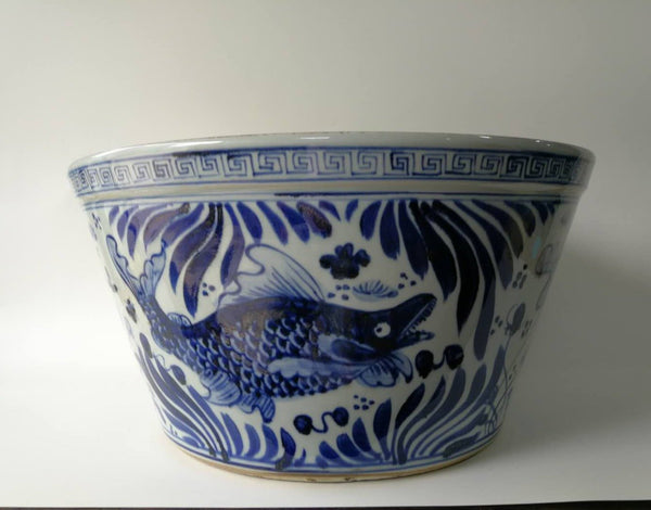 Large Blue and White Oriental Fish Bowl Planter - Dyag East