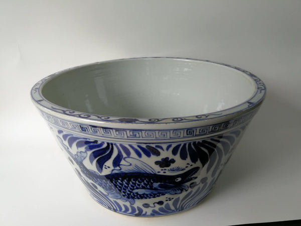 Large Blue and White Oriental Fish Bowl Planter - Dyag East