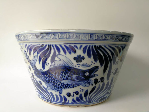 Large Blue and White Oriental Fish Bowl Planter - Dyag East