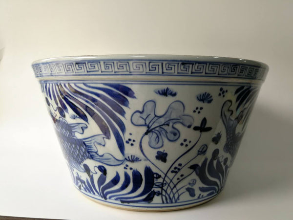 Large Blue and White Oriental Fish Bowl Planter - Dyag East