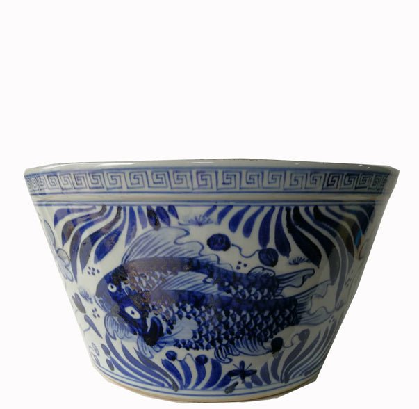 Large Blue and White Oriental Fish Bowl Planter - Dyag East