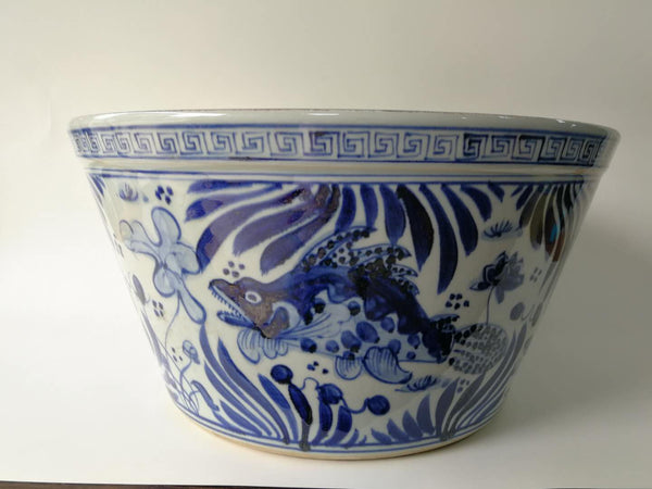 Large Blue and White Oriental Fish Bowl Planter - Dyag East