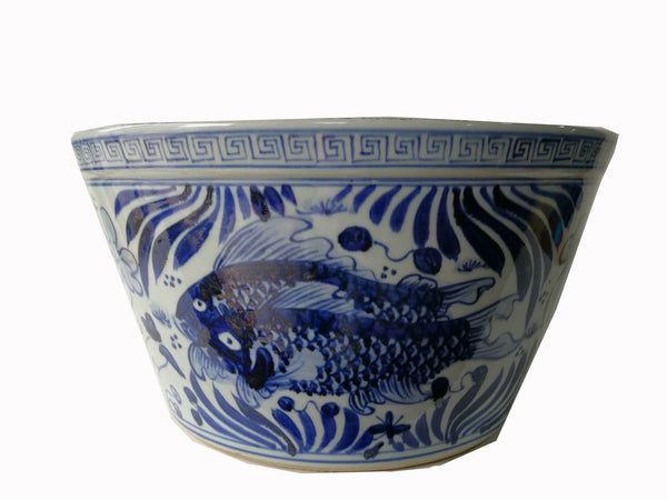 Large Blue and White Oriental Fish Bowl Planter - Dyag East