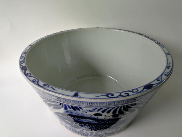 Large Blue and White Oriental Fish Bowl Planter - Dyag East