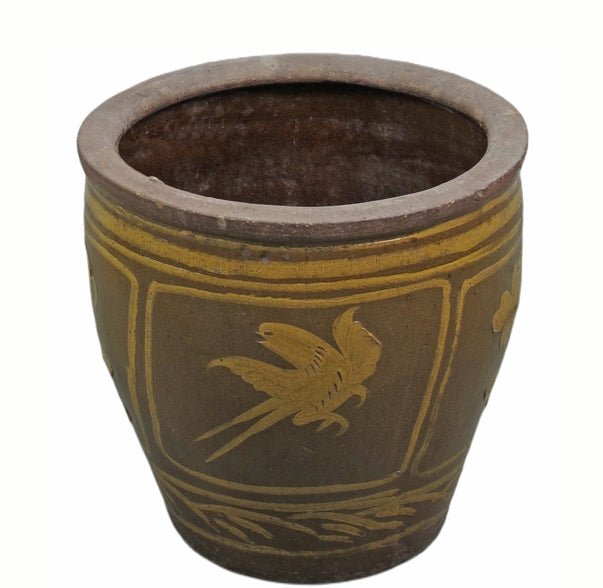 Large Glazed Earthenware Planter with Hand Painted Birds and Flowers - Dyag East