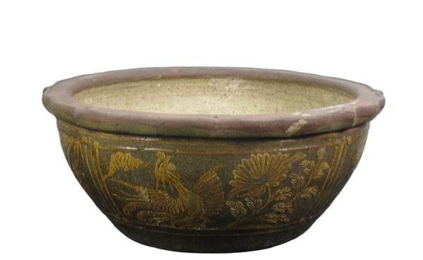 Large Glazed Earthenware Planter with Hand Painted Mystic Birds and Plants - Dyag East