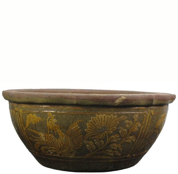 Large Glazed Earthenware Planter with Hand Painted Mystic Birds and Plants - Dyag East