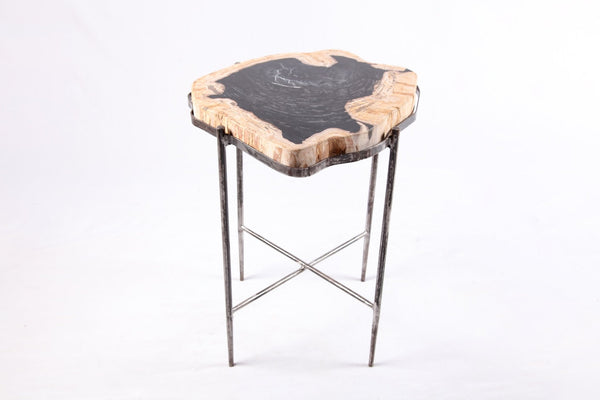 Living Edge Petrified Wood Top w Iron Stand Accent Table or Side Table 43 - Dyag East