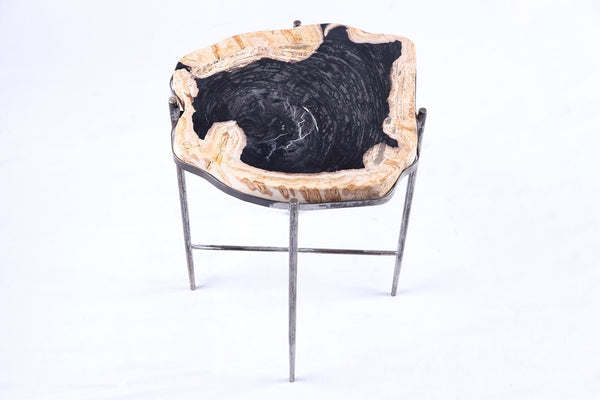 Living Edge Petrified Wood Top w Iron Stand Accent Table or Side Table 43 - Dyag East