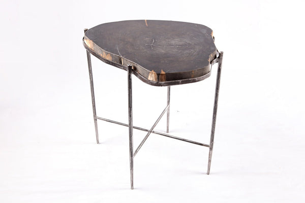 Living Edge Petrified Wood Top w Iron Stand Accent Table or Side Table 45 - Dyag East