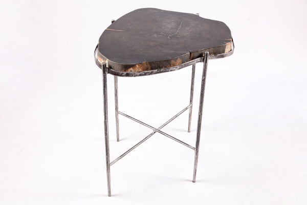 Living Edge Petrified Wood Top w Iron Stand Accent Table or Side Table 45 - Dyag East
