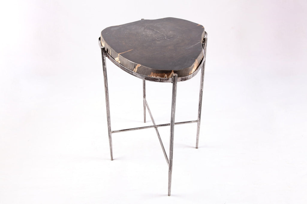 Living Edge Petrified Wood Top w Iron Stand Accent Table or Side Table 45 - Dyag East