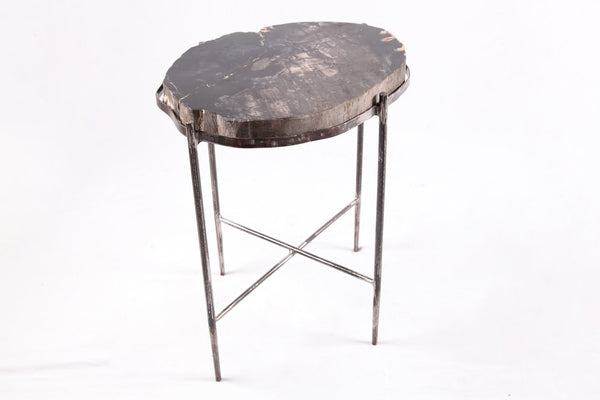 Living Edge Petrified Wood Top w Iron Stand Accent Table or Side Table 48 - Dyag East