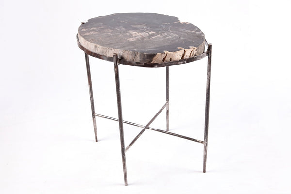 Living Edge Petrified Wood Top w Iron Stand Accent Table or Side Table 48 - Dyag East