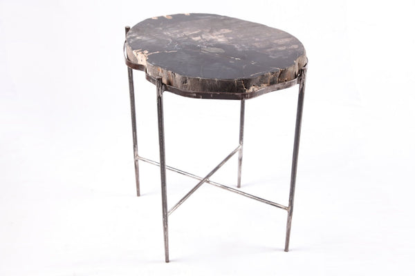 Living Edge Petrified Wood Top w Iron Stand Accent Table or Side Table 48 - Dyag East