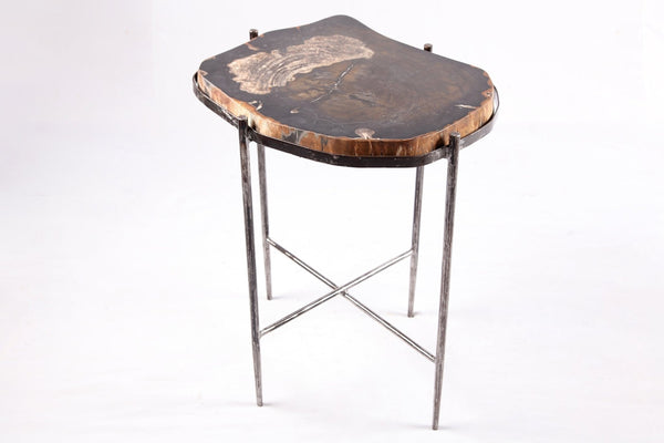Living Edge Petrified Wood Top w Iron Stand Accent Table or Side Table 49 - Dyag East