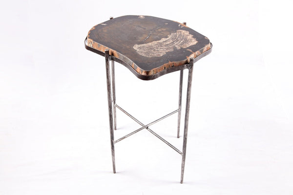 Living Edge Petrified Wood Top w Iron Stand Accent Table or Side Table 49 - Dyag East
