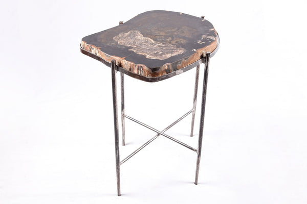 Living Edge Petrified Wood Top w Iron Stand Accent Table or Side Table 50 - Dyag East