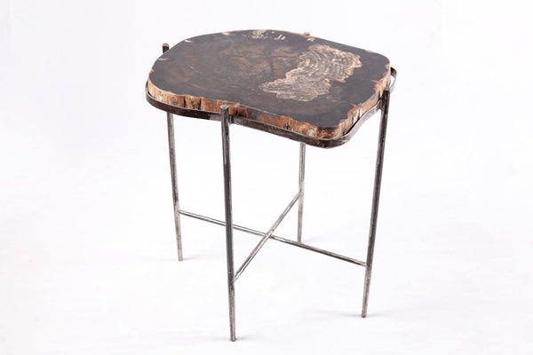 Living Edge Petrified Wood Top w Iron Stand Accent Table or Side Table 50 - Dyag East