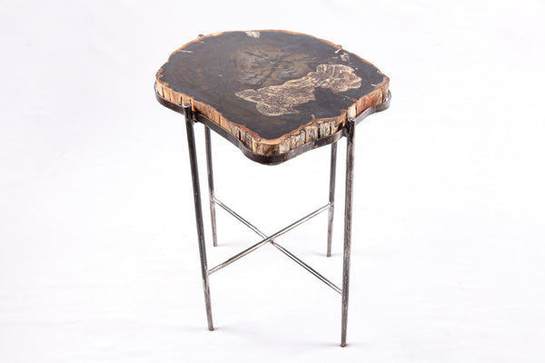Living Edge Petrified Wood Top w Iron Stand Accent Table or Side Table 51 - Dyag East