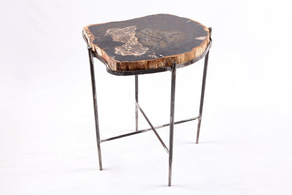 Living Edge Petrified Wood Top w Iron Stand Accent Table or Side Table 51 - Dyag East