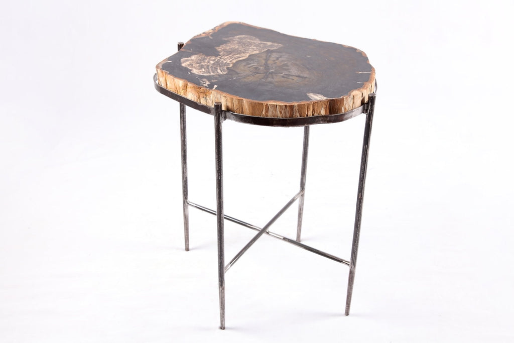 Living Edge Petrified Wood Top w Iron Stand Accent Table or Side Table 51 - Dyag East