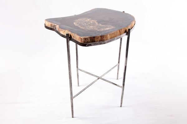 Living Edge Petrified Wood Top w Iron Stand Accent Table or Side Table 52 - Dyag East