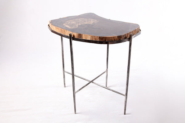 Living Edge Petrified Wood Top w Iron Stand Accent Table or Side Table 52 - Dyag East