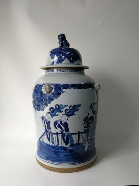 Blue and White Chinese Porcelain Ginger Jar With Hand Painted Playing Children