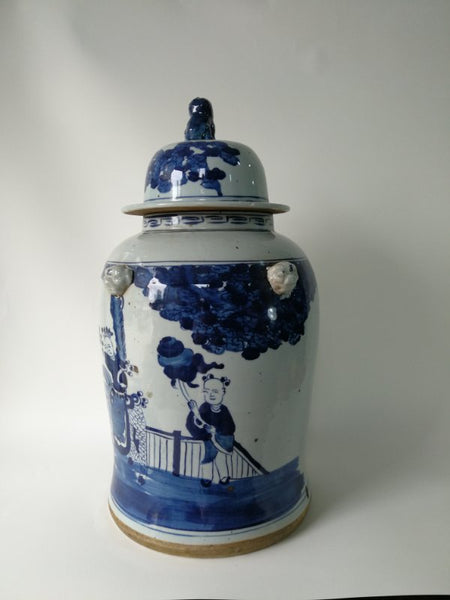 Blue and White Chinese Porcelain Ginger Jar With Hand Painted Playing Children