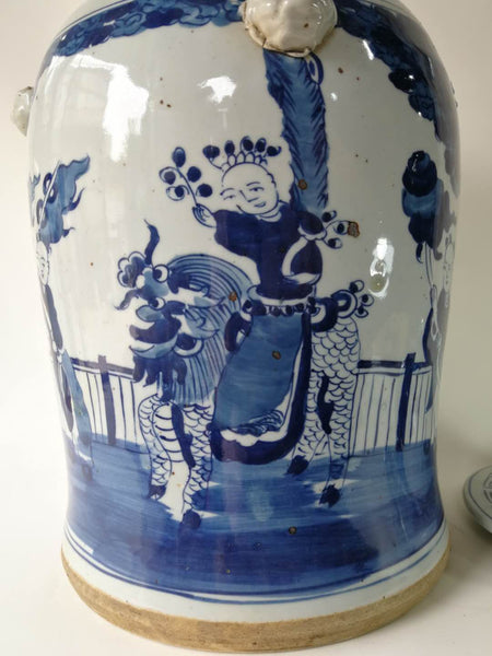 Blue and White Chinese Porcelain Ginger Jar With Hand Painted Playing Children