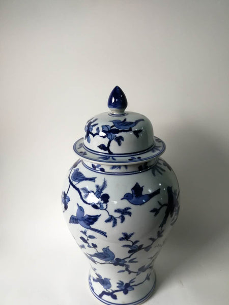 Blue and White Decorative Porcelain Ginger Jar With Birds on Tree