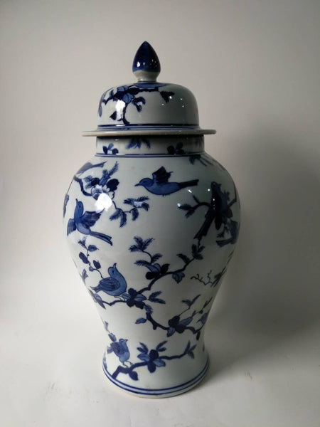 Blue and White Decorative Porcelain Ginger Jar With Birds on Tree