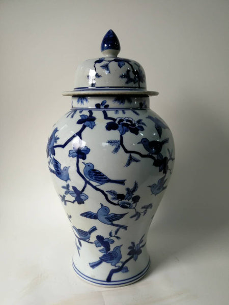 Blue and White Decorative Porcelain Ginger Jar With Birds on Tree