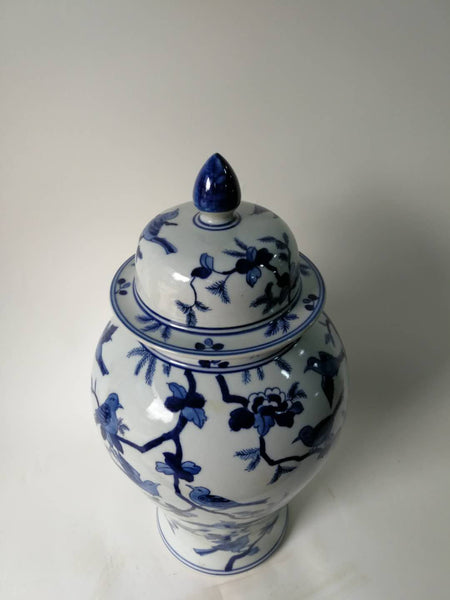 Blue and White Decorative Porcelain Ginger Jar With Birds on Tree