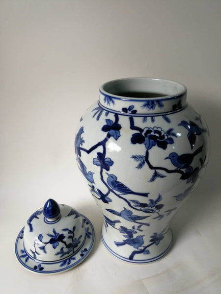 Blue and White Decorative Porcelain Ginger Jar With Birds on Tree
