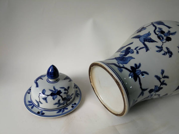 Blue and White Decorative Porcelain Ginger Jar With Birds on Tree