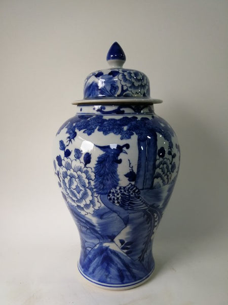 Blue and White Chinese Porcelain Ginger Jar With Birds & Flowers