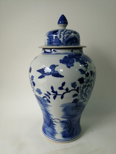 Blue and White Chinese Porcelain Ginger Jar With Birds & Flowers