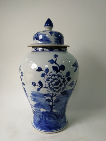 Blue and White Chinese Porcelain Ginger Jar With Birds & Flowers