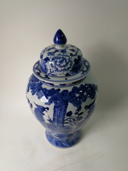 Blue and White Chinese Porcelain Ginger Jar With Birds & Flowers