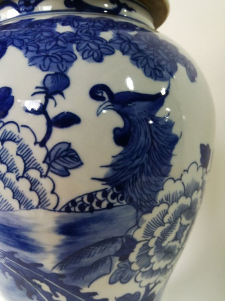 Blue and White Chinese Porcelain Ginger Jar With Birds & Flowers