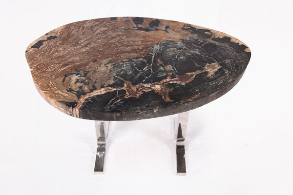 One Slab Living Edge Petrified Wood Console Table w Stainless Stand 53 - Dyag East