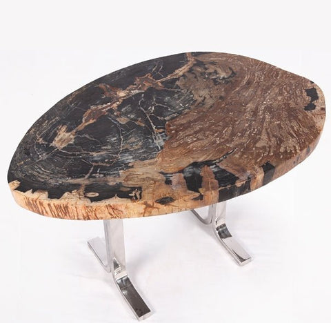 One Slab Living Edge Petrified Wood Console Table w Stainless Stand 53 - Dyag East