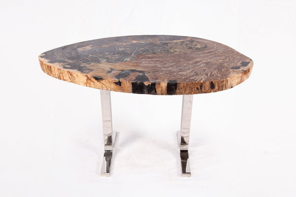 One Slab Living Edge Petrified Wood Console Table w Stainless Stand 53 - Dyag East