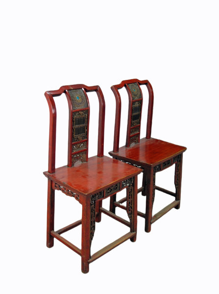 Pair Antique Chinese Blue Eye Side Chairs - Dyag East