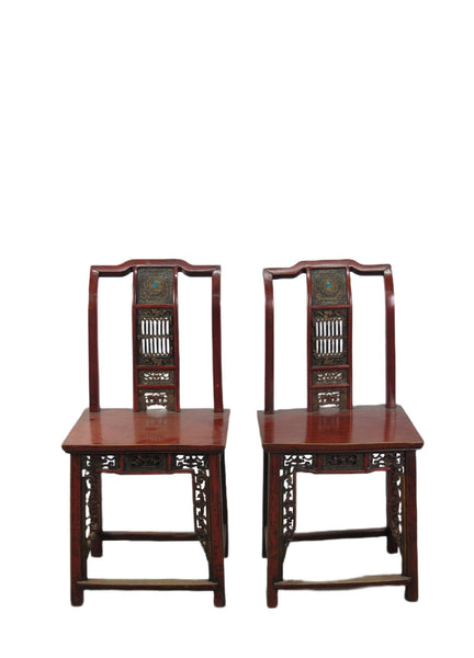 Pair Antique Chinese Blue Eye Side Chairs - Dyag East