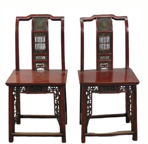 Pair Antique Chinese Blue Eye Side Chairs - Dyag East